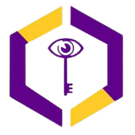 Key Watch Ghana Logo. A purple and yellow hexagon with a key in the center. The hole of the key is an eye.